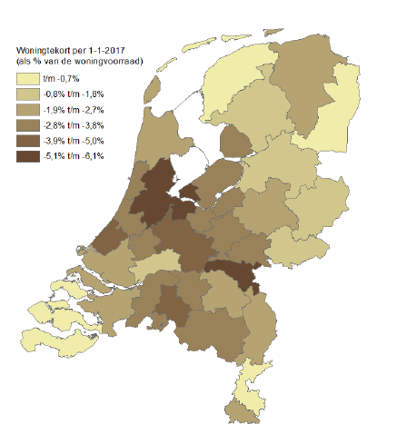 Woningtekort per regio als percentage van de woningvoorraad